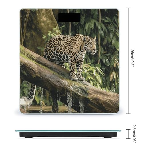 Jaguar Cat on Tree Trunk Waterfall Scale for Body Weight Anti-Slip Tempered Glass Digital Bathroom Scales Clear LCD Display Weighing Scale Safe Rounded Corners Smart Scales