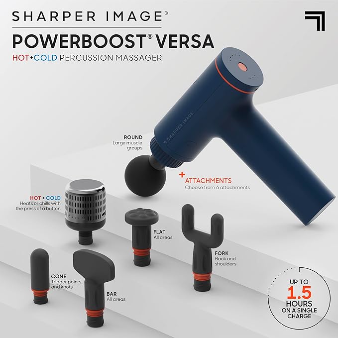 Sharper Image Deep Tissue Percussion Massage Gun Powerboost Versa Hot &amp Cold Rechargeable Handheld Massager 5 Adjustable Speeds 6 Attachment Heads &amp Carrying Case for Muscle Pain Relief B