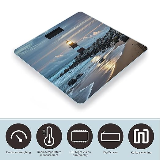 Sea Lighthouse Bathroom Scale for Body Weight with High Precision Large LCD Backlight Display Digital Weighing Scale with BMI Capacity Up to 180kg