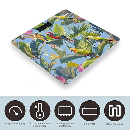 Tropical Plants and Parrots Bathroom Scale for Body Weight with High Precision Large LCD Backlight Display Digital Weighing Scale with BMI Capacity Up to 180kg