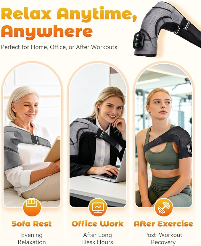 Shoulder Massager – Cordless Shoulder Heating Pad with Vibration for Deep Tissue Comfort Heated Shoulder Wrap with 3 Heating Levels &amp Vibration Adjustable Straps Left or Right (Black)