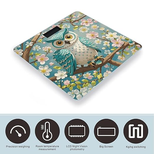 Owl Spring Flowers Turquoise Digital Bathroom Scale for Body Weight Weighing Scale with Backlit LCD Display High Precision Measurements &amp Measures Weight Up to 180kg