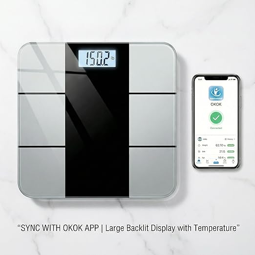 Smart Body Scale - Bluetooth Bathroom Scale with 18 Body Metrics &amp Trend Tracking Thickened I-Beam Design Large Tempered Glass 400 lbs Capacity (Charcoal Grey)