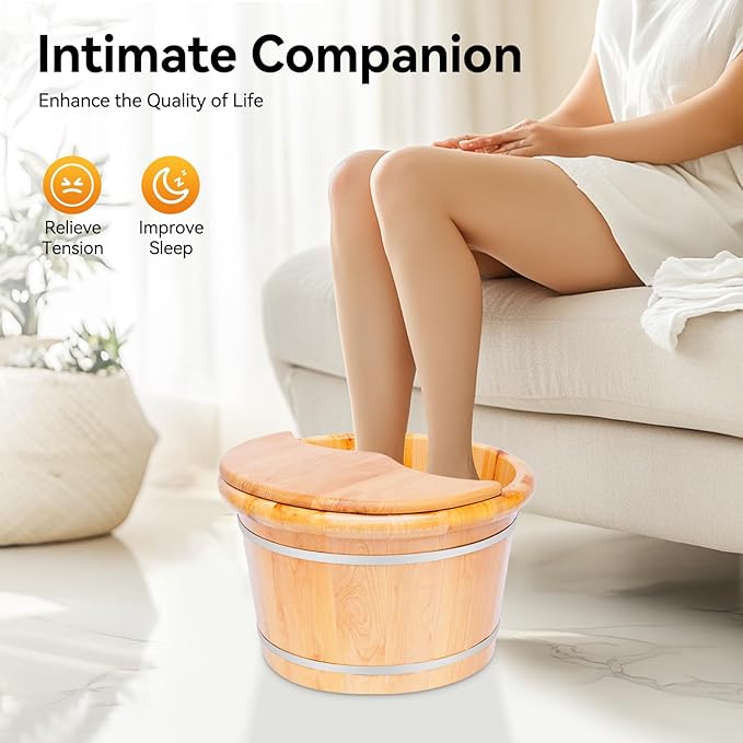 Wooden Foot Bath Basin Solid Cedar Wood Foot Tub Bath Basin Massage Barrel Soaking Tub with Lid &amp Massage Roller for Soak Massage Spa Sauna