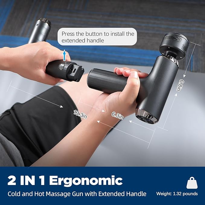 Massage Gun with Heat and Cold 2 in 1 Portable Mini Muscle Massager with Extended Handle Handheld Electric Percussion Deep Massager Tissue Massage Gun for for Home Gym