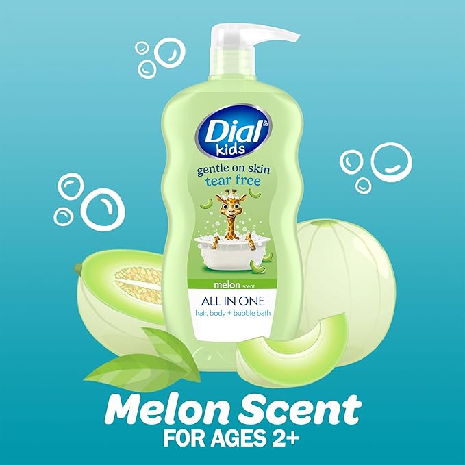 Dial Kids All-in-1 Body Wash + Hair + Bubble Bath Melon Scent 24 Fl Oz Pack of 4 Hypoallergenic Body Wash &amp Shampoo No Tears Formula for Kids 2+ Years No Parabens &amp Silicones
