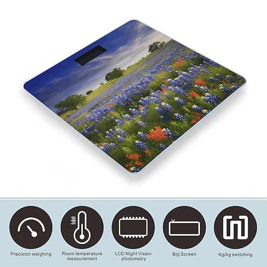 Texas Bluebonnets Scenery Weight Scale Large Bathroom Scales Digital Weight with Bright LED Display Non Slip Automatic Weighing Scale Fashion Weighing Machine for Body