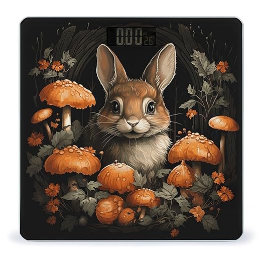 Rabbit with Mushrooms Bathroom Scale Automatic Power On/Off Body Scales LCD Backlight Display Square Digital Scale Rounded Corners Bathroom Scales for Home Bedrooms