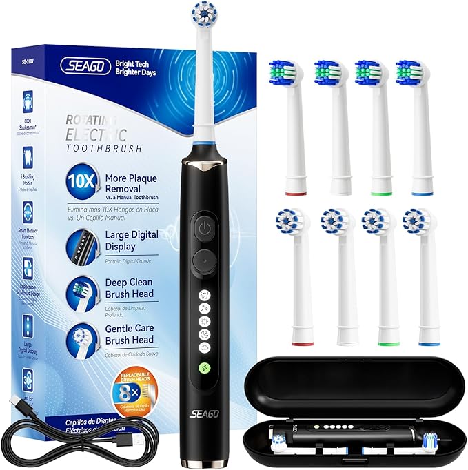 SEAGO Soft Round Electric Toothbrushes with 8 Spin Brush Heads 5 Cleaning Modes Rechargeable Sonic Toothbrush with Timer and Travel Case for Adults and Kids(SG-2607-Black