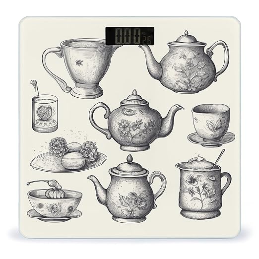 Hand Drawn Teapots and Cups Scale for Body Weight Anti-Slip Tempered Glass Digital Bathroom Scales Clear LCD Display Weighing Scale Safe Rounded Corners Smart Scales