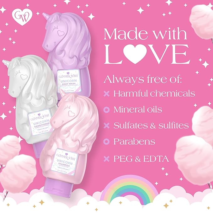 Glimmer Wish Premium Unicorn Shampoo + Conditioner + Body Wash Vanilla Cotton Candy Scent Dermatologist Tested Sulfate &amp Sulfite Free Paraben Free PEG &amp EDTA Free 100% Vegan Cruelty &am