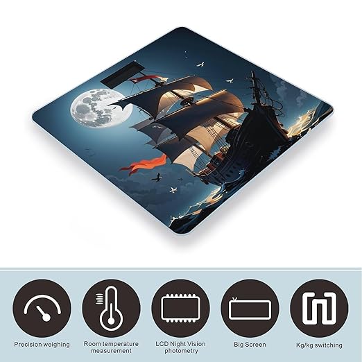 Pirate Sailboat Full Moon Scale for Body Weight Accurate Digital Bathroom Scale Toughened Glass High Precision Scales Smart Weight Scales with Large LCD Backlight Display Weighing Machine