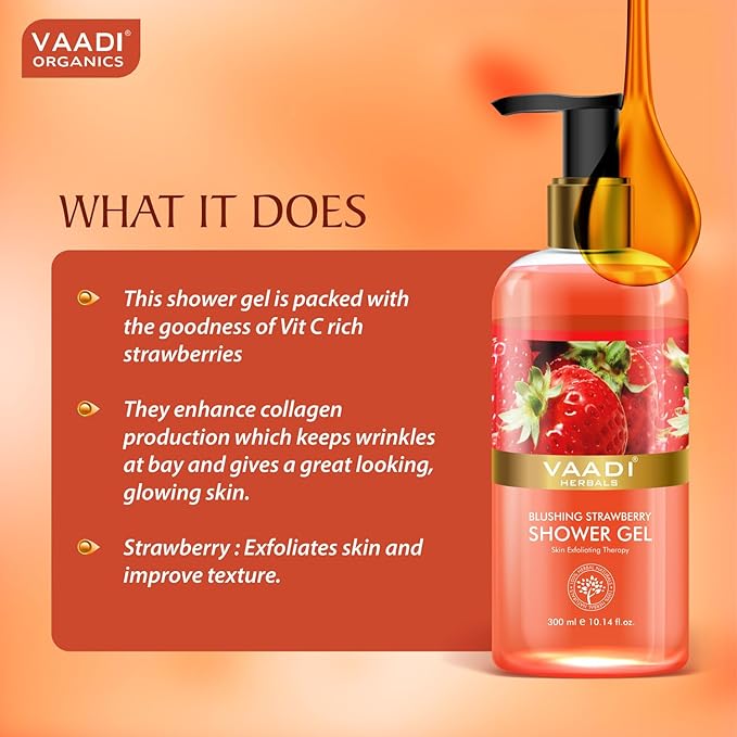Vaadi Herbals Shower Gel - Sulfate-Free - Herbal Body Wash Both For Men And Women - 300 Ml (10.14 Fl Oz) - (Blushing Strawberry) (2 Bottles)