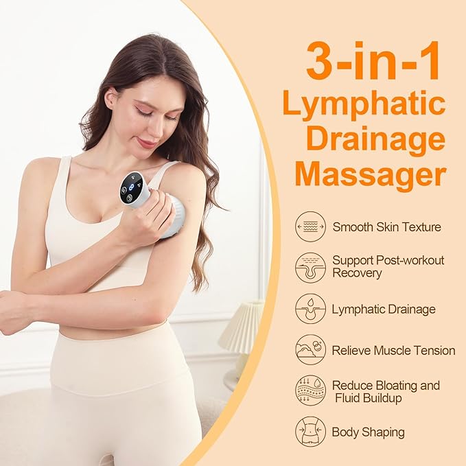 3-in-1 Handheld Lymphatic Drainage Massager with Red Light Heat &amp Vibration - Cordless Anti Cellulite Massage Tool for Body Relaxation 3 Modes &amp 9 Speeds for Belly Legs Thighs