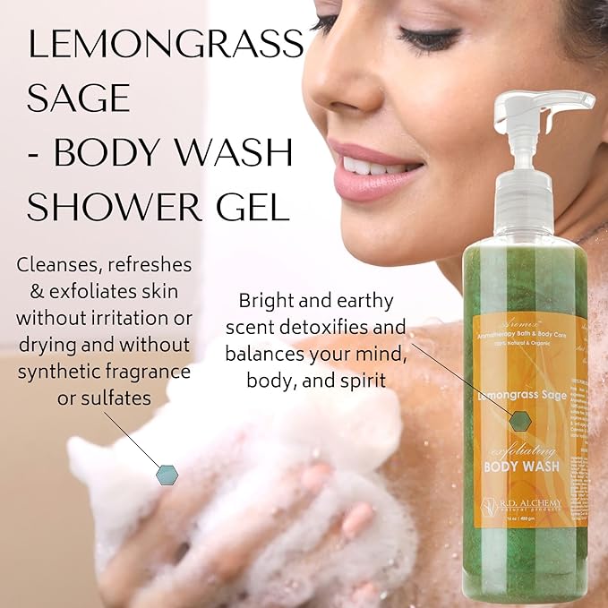 RD Alchemy - 98% Natural &amp Organic Lemongrass Sage Body Wash Shower Gel - Bright and Earthy Scent to Detoxify and Balance while Cleansing Exfoliating and Renewing