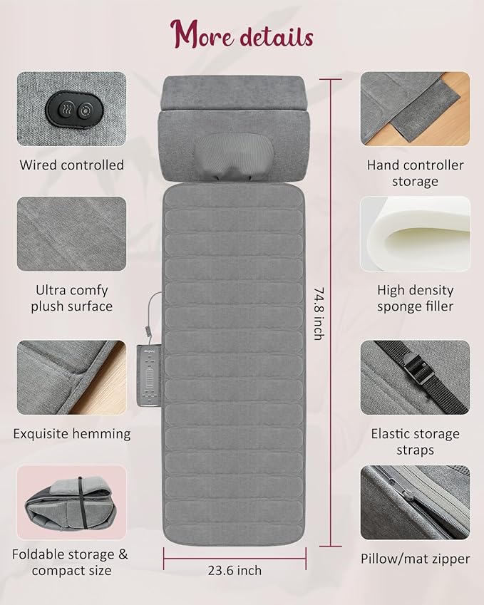 Full Body Massage Mat Detachable Neck Massager Back Massager Pad Massage Chair Full Body 10 Vibrating Motors 5 Massage Modes and 3 Heating Settings