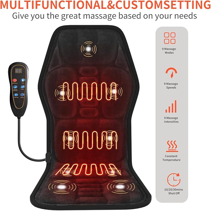 Back Massager Cushion with Heat - 9 Vibration Motors 9 Massage Modes &amp 9 Intensity Levels 4-Zone Full Back Massage 3 Heat Settings &amp Timer Ideal for Back Pain Relief Home &amp Office Use Gift