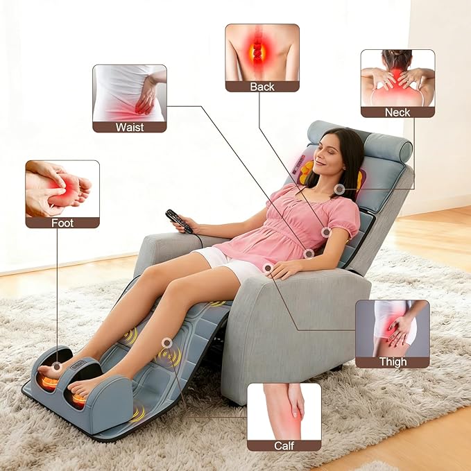 KOCASO Flannel Full Body Massage Mat Multifunctional Massage Chair Pad with Heat Timer Shiatsu Neck Foot Massager Lumbar Pillow Carry Bag Earplugs Anti-Slip Bottom for Reclining Chair