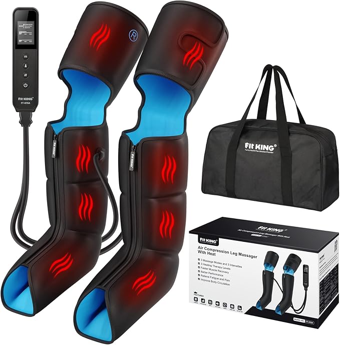 FIT KING Air Compression Leg Massager with Heat and Compression for Circulation and Pain Relief Full Leg &amp Foot Massager for Swelling Edema RLS with Pressure Sensor LCD Display for Dad Mom Wife