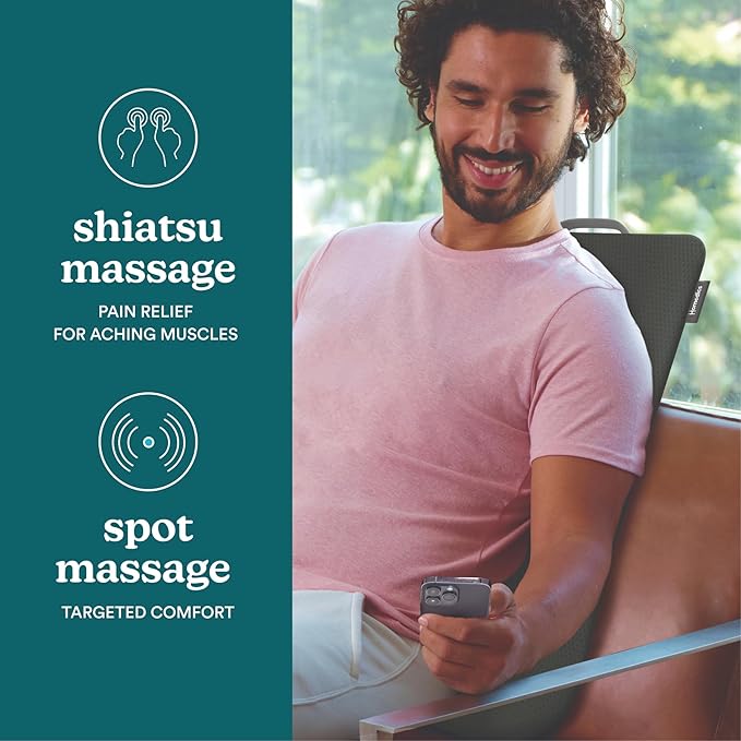 HoMedics Ultra Slim Shiatsu Massage Cushion with Heat – Full Back Coverage Deep Kneading Massage 3 Zone Control (Upper/Lower/Full) Soothing Heat Slim Profile Portable Design Fits Most Chairs