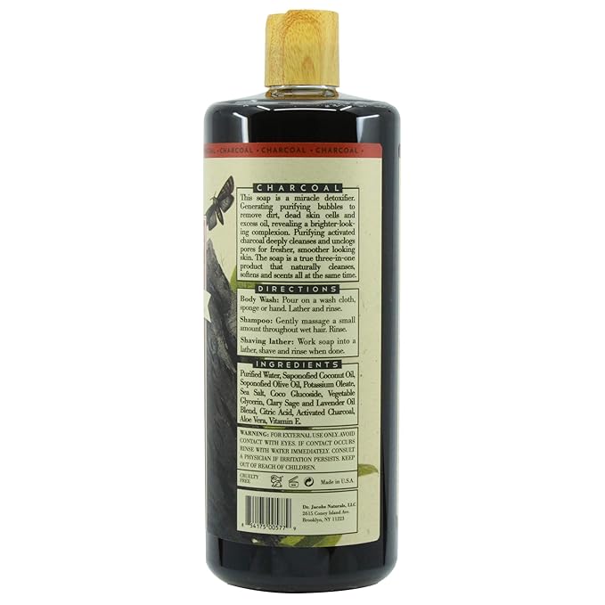 Dr. Jacobs Naturals Pure Castile Soap - All Natural Face And Body Wash - Hypoallergenic and Dermatologist Approved (Charcoal 32 Fl Oz (Pack of 1))