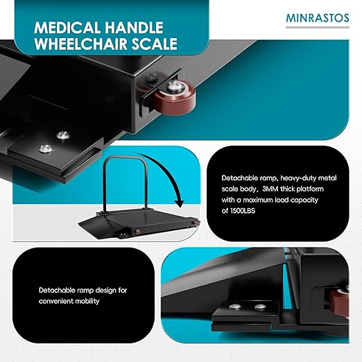 Side Handle Wheelchair Scale for Home Use Extended Detachable Ramp 1000lbs x 0.2lbs Medical/Home Weighing Scale Plateform with LCD Display with Backlight