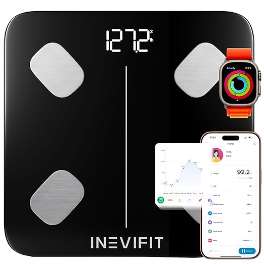 INEVIFIT Smart Body Fat Scale Highly Accurate Bluetooth Digital Bathroom Body Composition Analyzer Measures Weight Body Fat Water Muscle Visceral Fat &amp Bone Mass for Unlimited Users (Eco-Blk