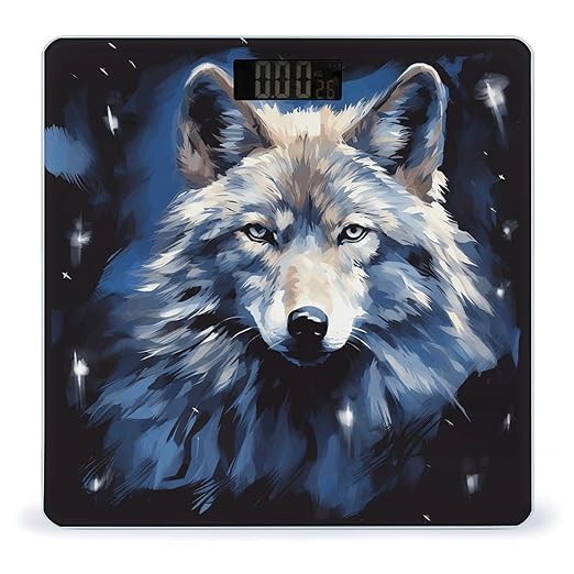 Wolf Head on Blue Background Bathroom Scale Rounded Smart Scale for Body Weight Automatic Power On/Off Weight Scales Accurate Bathroom Digital Scales for Pet Home Bedroom Kitchen