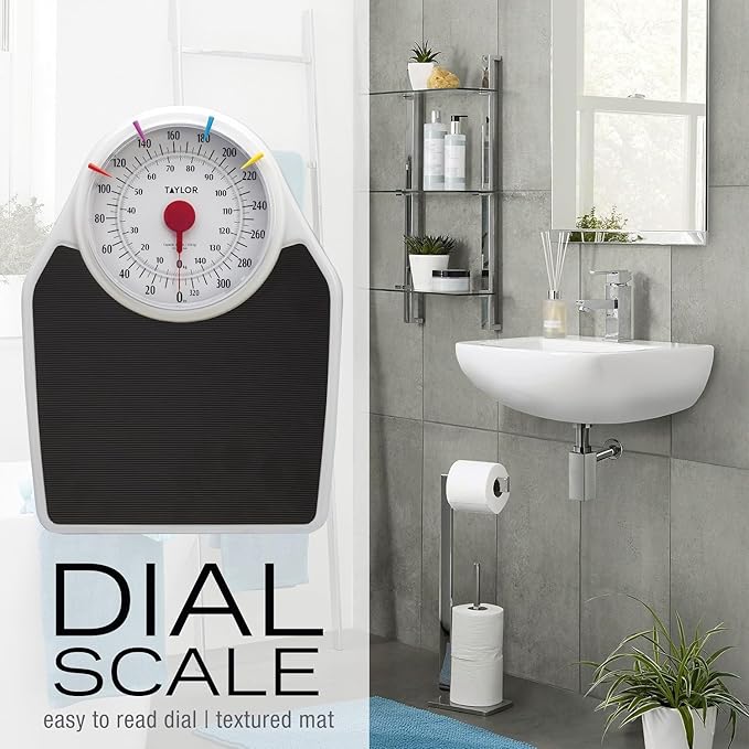 Taylor Battery Free Analog Scales for Body Weight 330LB Capacity Easy to Read Large 7-inch Dial 18.4 x 13.7-inch Ribbed Mat Platform Black