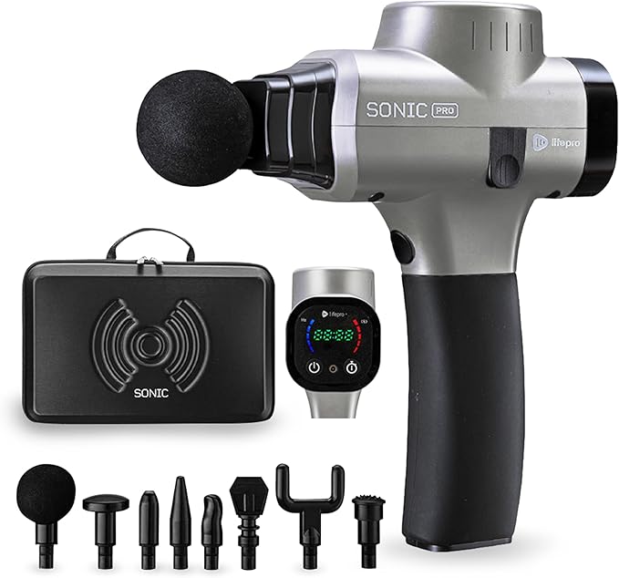 LifePro Sonic Pro Percussion Massage Gun Deep Tissue Percussive Back Massager Device for Pain Relief | Gun Massager w/ 75 Lbs Stall Force 8 Massager Gun Attachments for Neck and Back