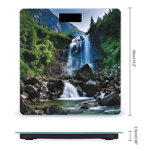 Scenic Mountain Waterfall Bathroom Scale Large LCD Backlight Display Digital Scale Rounded Corners Body Scales Automatic Power On/Off Bathroom Scales for Home Bedrooms