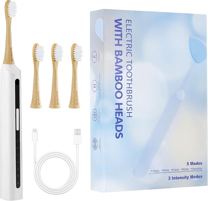 Bamboo Electric Toothbrush丨Rechargeable Electric Toothbrush with 4 Bamboo Heads Soft Castor Oil Bristles5 Moedes&amp3 Intensities 45 Days Battery Life IPX7 Waterproof-White