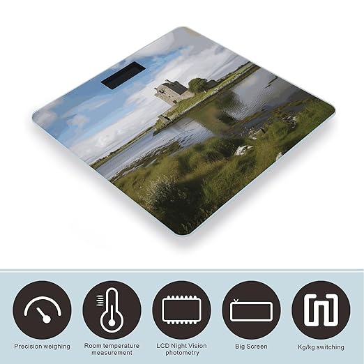 View of The Dunguaire Castle Scale with LCD Easy-to-Read Anti-Slip Weight Digital Bathroom Scale Precision Weighing Scales Sturdy Tempered Glass Body Weight Scales for Daily Use