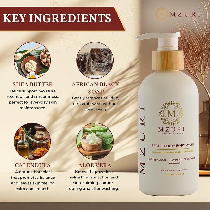 MZURI Unscented Body Wash African Black Soap Organic Shea Butter and Calendula Moisturizing Hydrating and Gentle Formula for Dry Sensitive Skin Paraben-Free Luxury Body Wash - 16 Fl. Oz