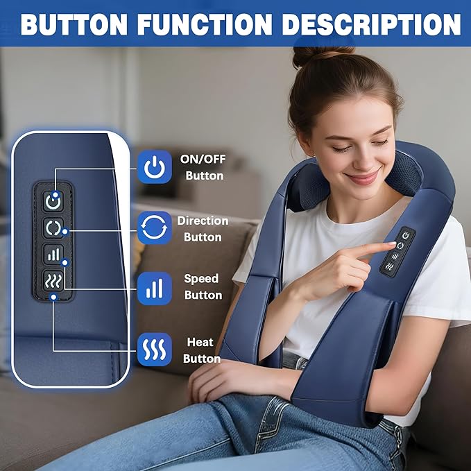 Joyset Shiatsu Neck and Back Massager with HeatElectric Shoulder Massager for Pain Relief Deep Tissue3D Kneading Massage with Cloth Cover Easy to Clean (Blue)
