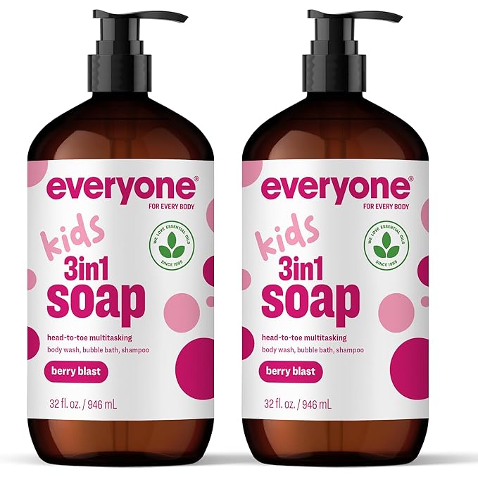 Everyone 3-in-1 Kids Soap Body Wash Bubble Bath Shampoo 32 Ounce (Pack of 2) Berry Blast made with Essential Oils for Toddlers tweens and teens