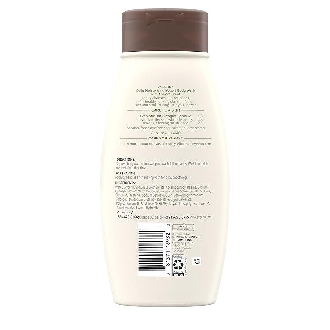 Aveeno Daily Moisturizing Yogurt Body Wash with Soothing Prebiotic Oat &amp Apricot Scent Gentle Daily Body Cleanser Nourishes Dry Skin With Moisture Paraben- Soap- &amp Dye-Free 18 fl. oz