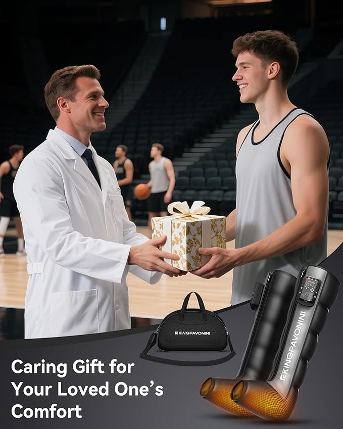 KingPavonini Cordless Leg Compression Massager with 5 Overlapping Chambers &amp 3 Foot Heat 4500mAh Leg Massager for Circulation and Pain Relief 19 Modes &amp 8 Intensities Recovery Boots for Ath