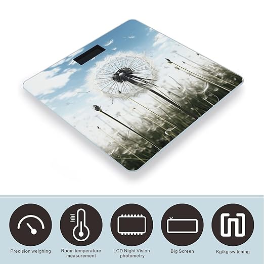 Dandelion Scale for Body Weight Anti-Slip Tempered Glass Digital Bathroom Scales Clear LCD Display Weighing Scale Safe Rounded Corners Smart Scales