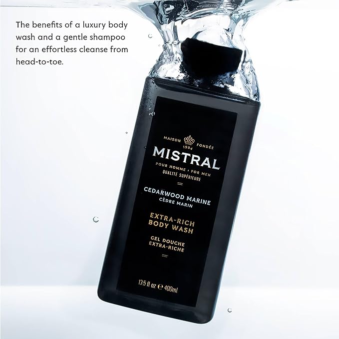 Mistral Men's Body Wash &amp Shampoo Cedarwood Marine 13.5 oz | 2-in-1 Natural Shower Gel for Men | SLS Paraben &amp Phthalate Free | Natural Men’s Body Wash Moisturizing Bath Gel - Made in Franc