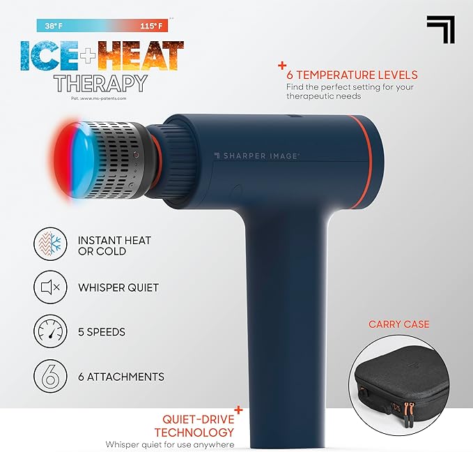 Sharper Image Deep Tissue Percussion Massage Gun Powerboost Versa Hot &amp Cold Rechargeable Handheld Massager 5 Adjustable Speeds 6 Attachment Heads &amp Carrying Case for Muscle Pain Relief B