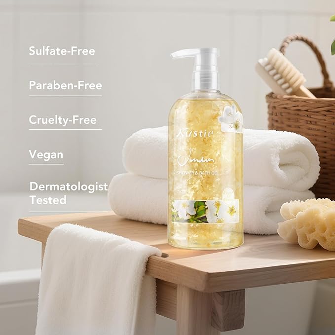Kustie Jasmine Body Wash with Real Flower Petals – Hydrating Shower Gel with Hyaluronic Acid Niacinamide &amp Squalane Moisturizing Floral Body Wash for Dry &amp Sensitive Skin 24.3 fl oz