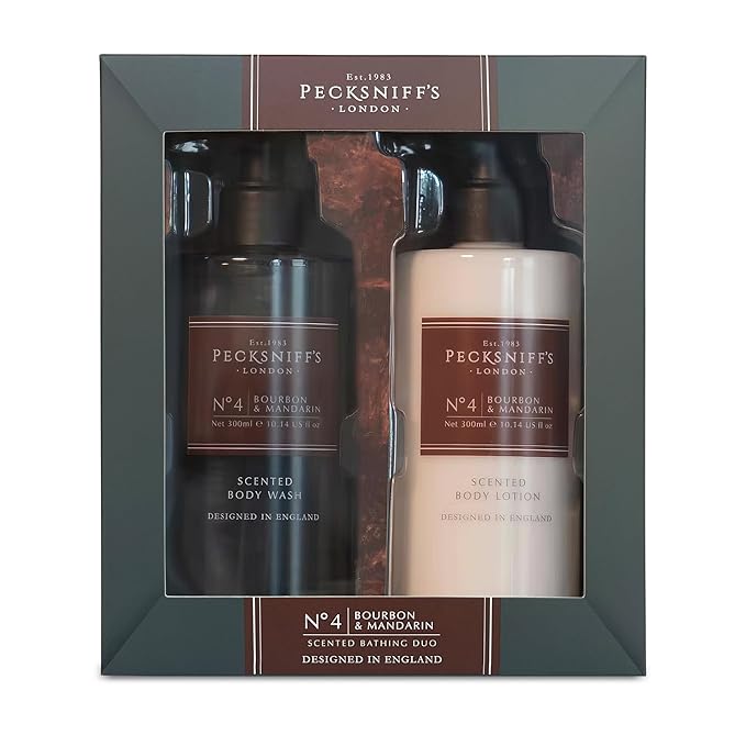 Pecksniffs Mens Bathing Duo Collection – Bourbon &amp Mandarin Scented Body Wash and Body Lotion Gift Set 2 x 250ml