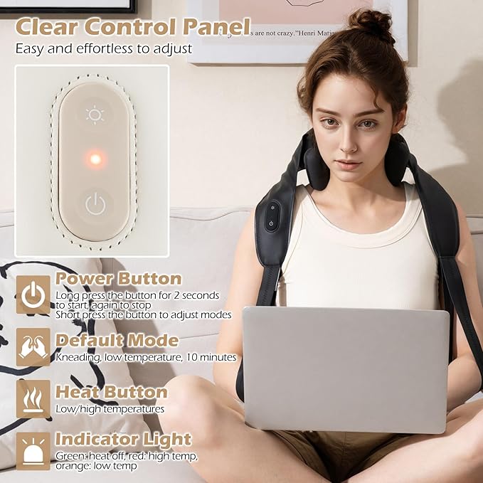 COSTWAY Neck Shoulder Massager 4D Deep Tissue Kneading Shiatsu Machine with 2 Heat Levels for Pain Relief Portable Cordless Neck Back Leg Massager Pillow Gift for Family Women Men Black