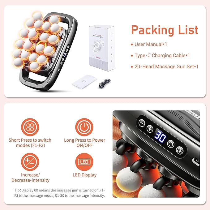 20-Head Massage Gun Set Deep Tissue Percussion Massager with 3 Modes &amp 30 Intensities Quiet Muscle Massage Gun Up to 3 Hours Battery Life for Back Shoulders Legs Foot Body Muscle Pain Relie