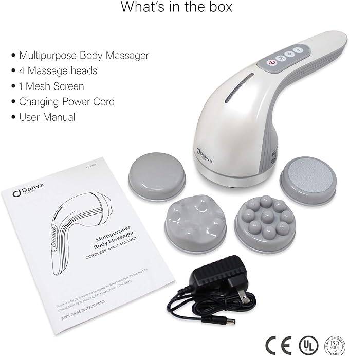 Daiwa Felicity Handheld Multipurpose Body Massager with 4 Attachments – Rechargeable Deep Muscle Massager for Back Neck Legs &amp Cellulite Relief