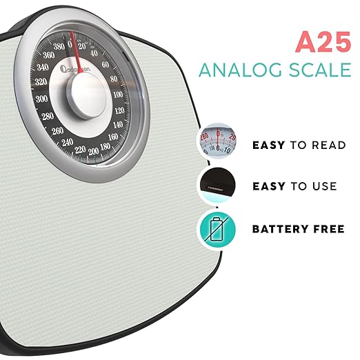 Adamson A25 Scales for Body Weight - Up to 400 LB - 5.3 Dial on 13.77 x 14.17 Platform - Anti-Skid Rubber Surface - High Precision Bathroom Scale Analog - Durable with 20-Year Assurance - Grey