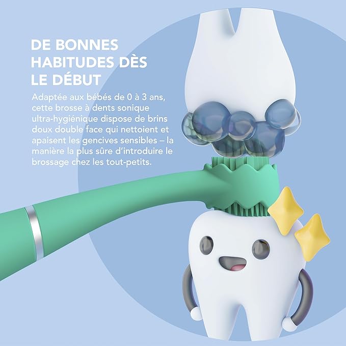 FOREO ISSA 4 Baby – Silicone Sonic Electric Toothbrush Bundle for Babies 2-Sided Bristles Fun Smile Feature Gum Massage 12 Months of Care with Extra Brush Head Travel-Friendly - Kiwi Green
