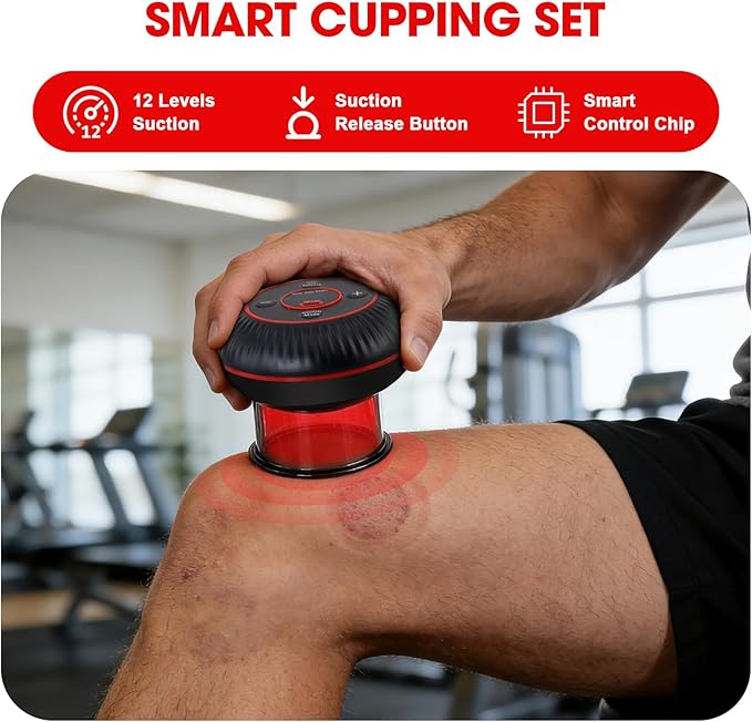 Electric Smart Cupping Set - 4 in 1 Cupping Kit for Massage Therapy 12 Levels of Suction Strength and Red Light for Targeted Pain Relief Great Gift for Parents Friends