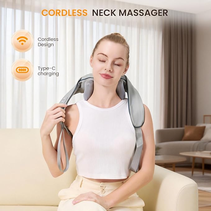 4D Wireless Deep Tissue Kneading Neck Massager with Heating Function Shiatsu and Shoulder Massage PillowBack and Leg Pain Relief Body Muscle Pain Relief Perfect Gifts for Men Women. (Grey)